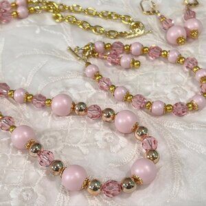 Pale Pink Pearl and Crystal Necklace, Bracelet and Earrings with Swarovski Beads